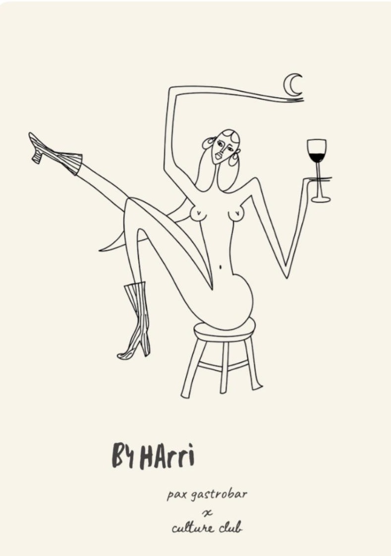 Line drawing of a seated figure holding a wine glass, by Harri