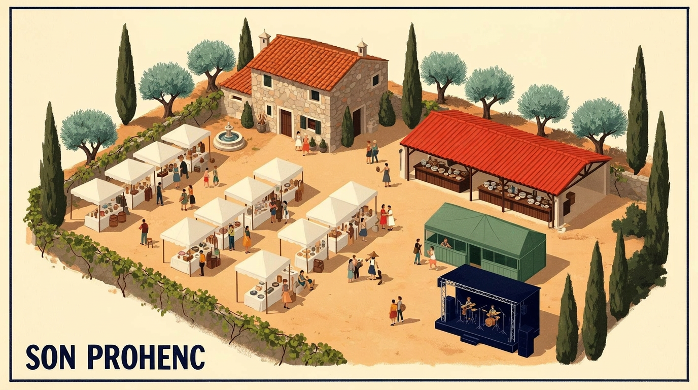 Illustrated top-down view of Es Mercat at Son Proenç — farmhouse, market stalls, workshops tent, music stage, olive trees and cypresses.